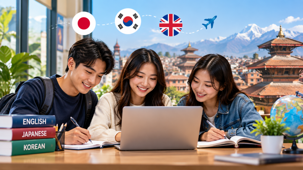 Students learning Japanese Korean and English language courses in Nepal
